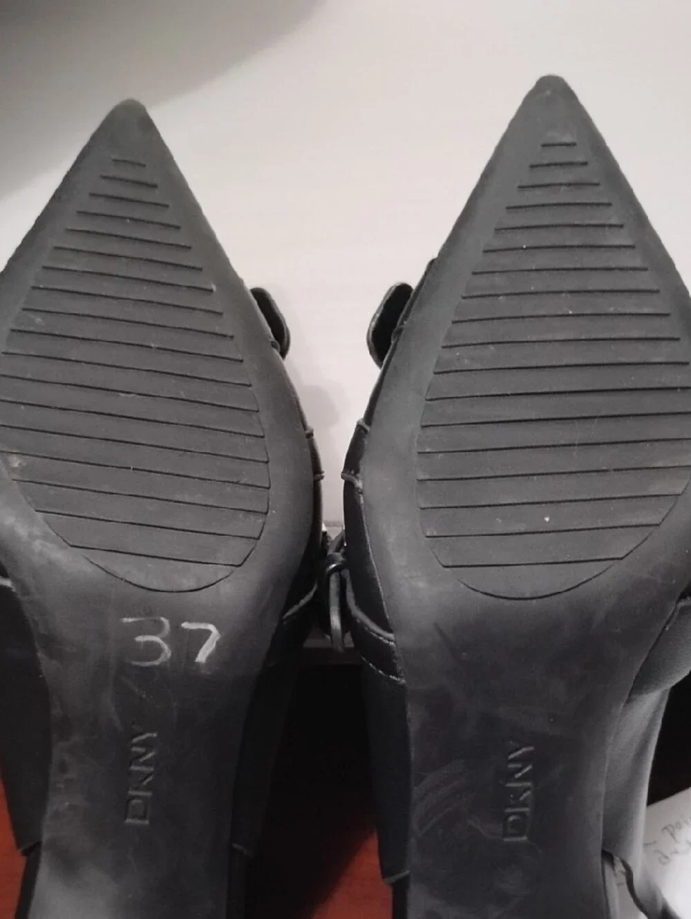 DKNY Black Pointed Slingback Heels with Silver Buckle Accent